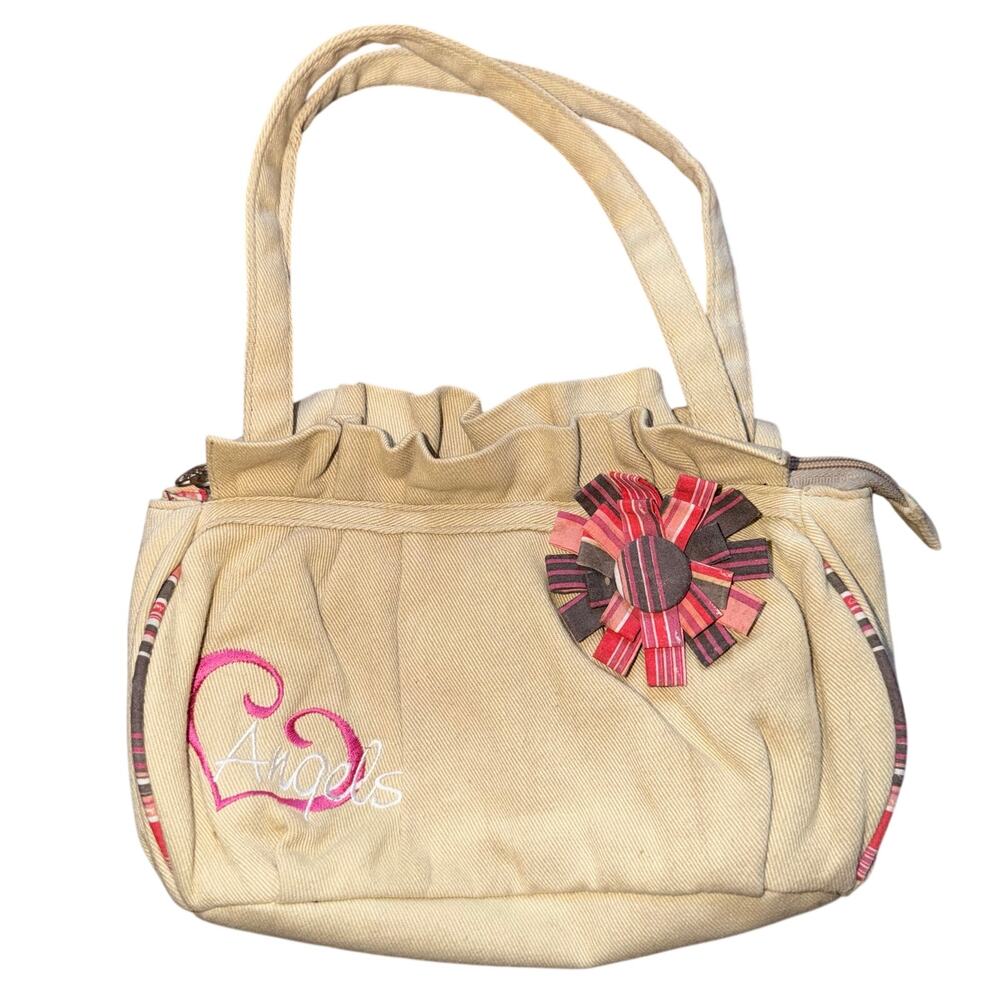 Angels Y2K Tan Denim Mini Bag with Striped Heart & Flower Accent